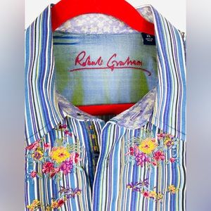Robert Graham Embroidered w Flowers %100 Cotton Purple/Blue XLT